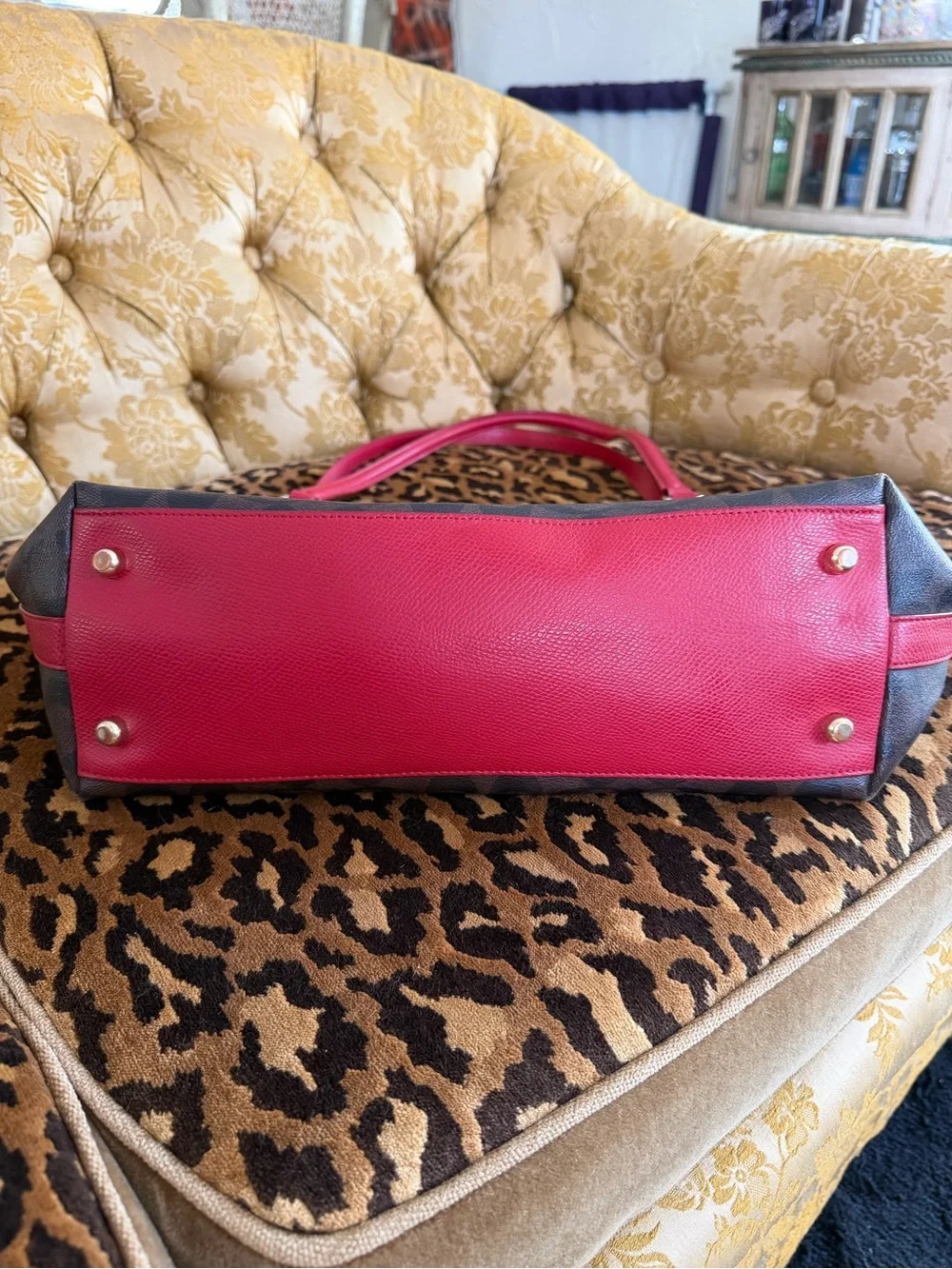 Coach Brown Signature Tote with Red Trim and Gold Hardware